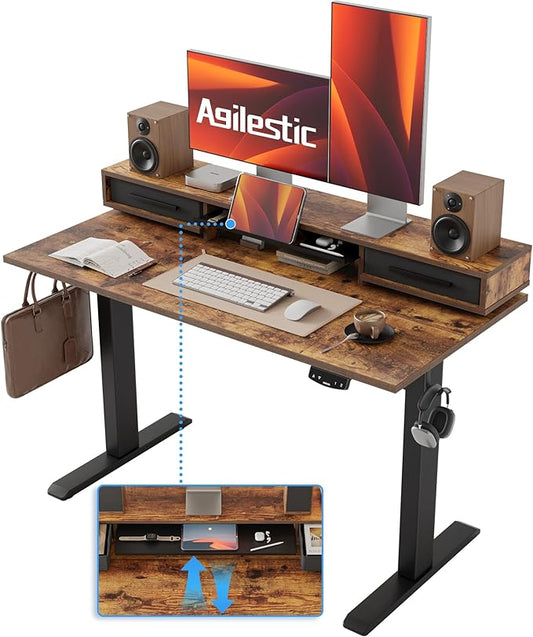 Agilestic 48 Inch Electric Standing Desk with Drawers, Adjustable Desk with Storage Shelf, Stand Up Home Office Computer Table, Splice Board, Rustic Brown