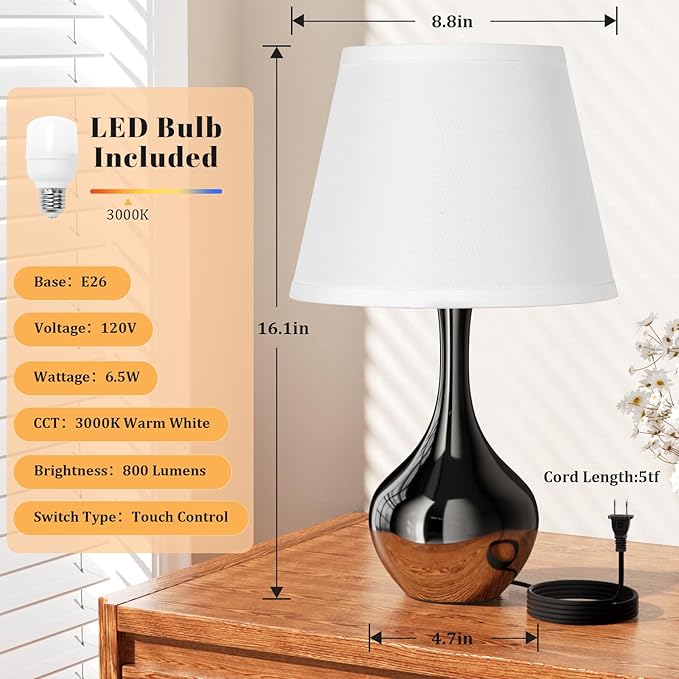 Seealle Touch Touch Table Lamps for Nightstand, 3-Way Dimmable Small Bedroom Lamps for Night Stands, Pearl-Black Bedside Lamps for Living Room, Kids Room, End Table(LED Bulb Included)