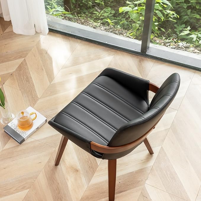 Mid Century Modern Faux Leather Upholstered Dining Chairs,Armless Accent Chairs with Sturdy Natural Wood Legs,Bamboo Backrest Support for Kitchen&Dining Room Chairs(Set of 4,Black PU)