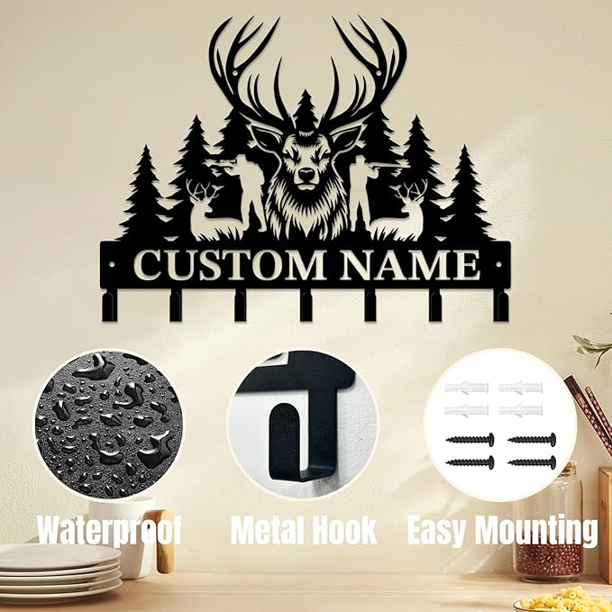 Personalized Custom Name Hunting Deer Wall Key Hooks,Metal Hunting Art Clothes Hooks,Metal Hunting Wall Home Storage Decorative,Hunter For Front Door, Hallway, Kitchen, Bedroom,Keys,Hats (Style F)