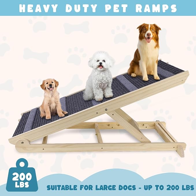 Dog Ramp for Bed, 6 Adjustable Height from 13.8" to 25.6", Folding Wooden Pet Ramp Suitable for Small and Medium-Sized Dogs - Non-Slip High Traction Dog Ramp for High Bed Couch and Car Up to 200lbs