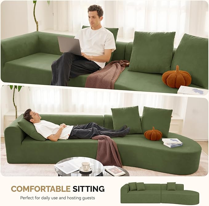 128" Oversized Modern Curved Sofa,Boneless Cloud Sectional Couch with Deep Seat,No Assembly Required Chenille Couches for Living Room,Green,1 PCS