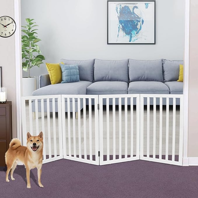 ZJSF Freestanding Indoor Dog Gate for House Foldable Wood White Puppy Gate for Doorways Pet Gate for Stairs Extra Wide Pet Fence 32" Height 4 Panels