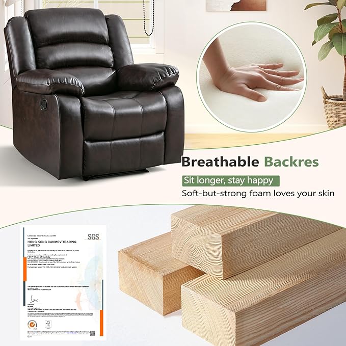 ANJ Manual Recliner Chair, Breathable Faux Leather Reclining Chairs with Overstuffed Arm and Back, Living Room Single Sofa Recliners (Dark Brown)