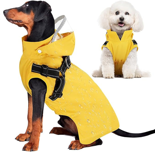 Lukovee Dog Raincoat - Waterproof Rain Jacket with Harness & Removable Hood, Reflective Double Layer Dog Rain Coat Poncho for Small Medium Large Dogs Puppy (S, Yellow)