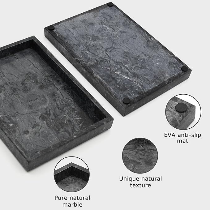 Marble Bathroom Tray,Pure Natural Vanity Tray,Marble Trays for Kitchen Counter Non-Ceramic/Non-Resin,Stone Tray 12 x 8 inch (Black) ﻿