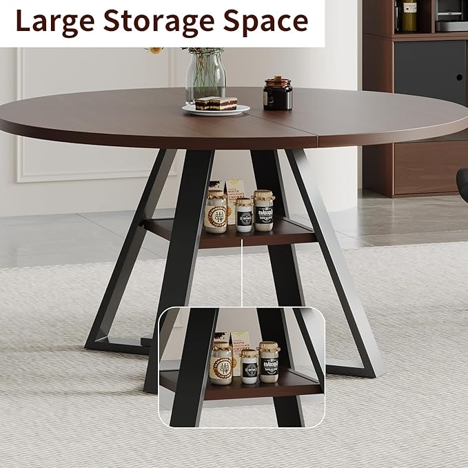 Walnut Round Dining Table Set for 4, Mid-Century Modern Kitchen Table and Chairs, Small Space Dining Room Furniture for Apartment, Breakfast Nook or Studio (Walnut wood-Storage Table+4 Brown Chairs)