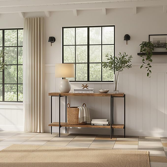 31.5” Console Table Narrow for Entryway with 2 Tier Storage Shelves, Solid Wood Industrial Entrance Sofa Table Behind Couch for Hallway, Foyer, Living Room(47.2"x11.8"x31.5")
