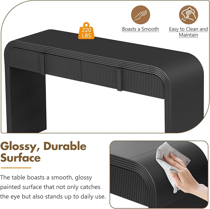 55'' Fluted Console Table with Drawers, Wood Modern Curved Entryway Table with Storage and Rounded Silhouette for EntryWay, Hallway, Foyer (Black)