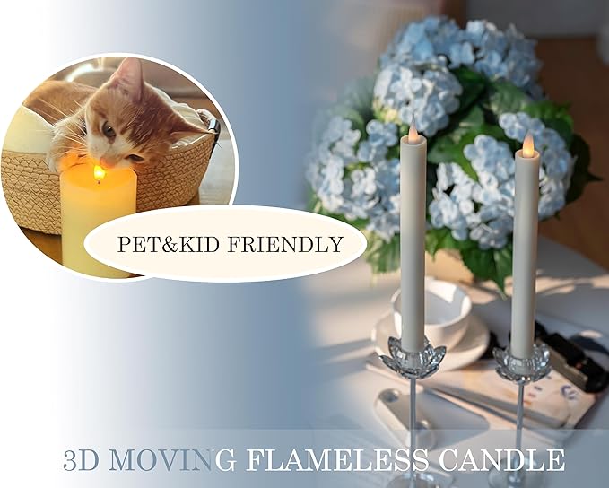 Flameless Taper Candles Flickering with Remote and Timer, 3D Moving Flame Taper Candle Battery Operated to 400 Hours, 9 Inch Window Candles, (Ivory)