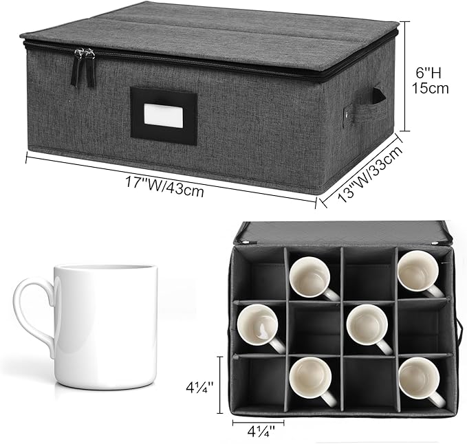Mayniu Cup and Mug Storage Box 2Pack, China Storage Containers for 12 Tea Cups or Coffee Mugs with Zipper Lid and Rivet Reinforced Handles, Hard Shell and Stackable (Black)