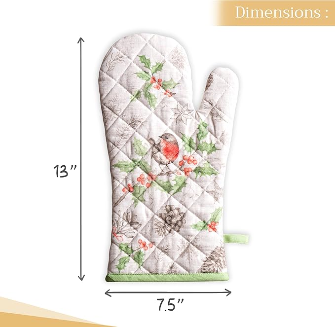 Maison d' Hermine Oven Gloves 100% Cotton Oven Mitt 7" x 13" with Loop Heat Resistant BBQ Cooking Gloves for Thanksgiving Christmas Decorations Baking Handling Hot Pans (Pack of 1, Christmas Dew)