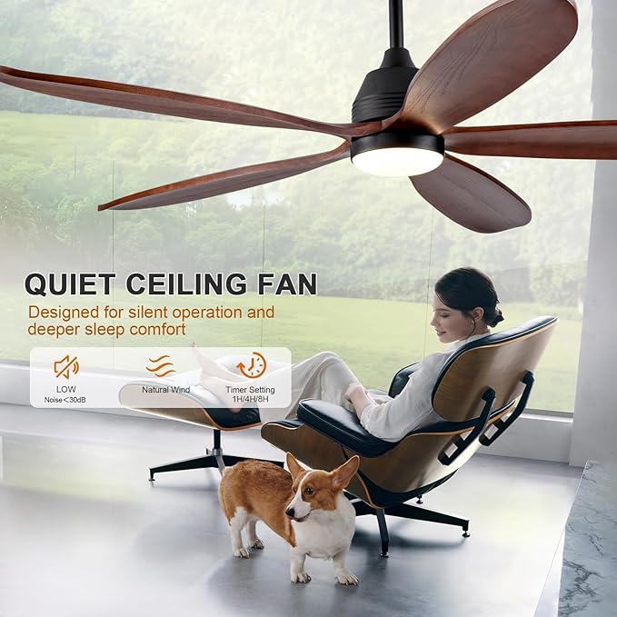 60 Inch Wood Ceiling Fans with Lights and Remote, Modern Outdoor Ceiling Fan with Light for Patio, Dimmable, 5 Blades, Wall Switch, Reversible DC Motor, Memory Function