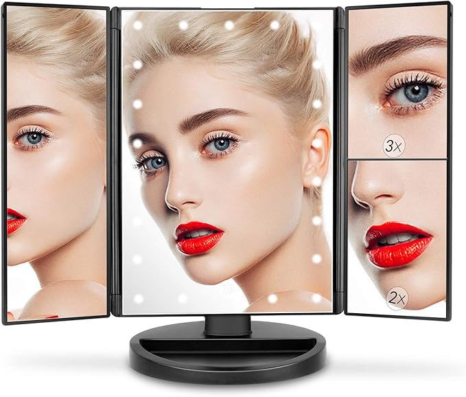 deweisn Tabletop Mount Trifold Lighted Vanity Mirror with 21 LED Lights, Touch Screen and 3X/2X/1X Magnification, Two Power Supply Mode Make up Mirror,Travel Mirror