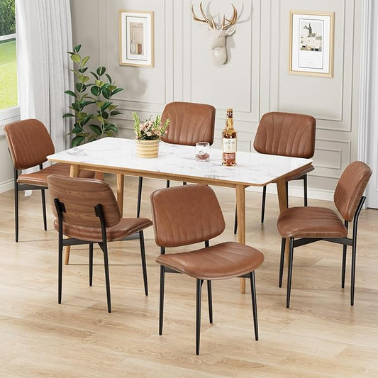 Dining Chairs Set of 6, Mid-Century Modern Upholstered PU Leather Chairs with Walnut Bentwood Back and Metal Legs Adjustable Feet for Kitchen Dining Room, Camel Shell Strips