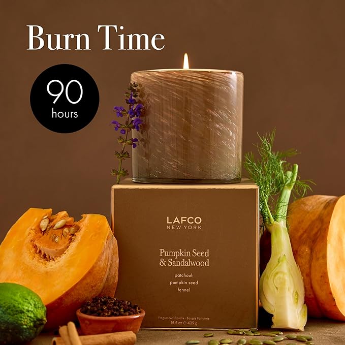 LAFCO New York Holiday Signature Fall Candle, Pumpkin Seed & Sandalwood - 15.5 oz - 90-Hour Burn Time - Reusable, Hand Blown Glass Vessel - Made in The USA