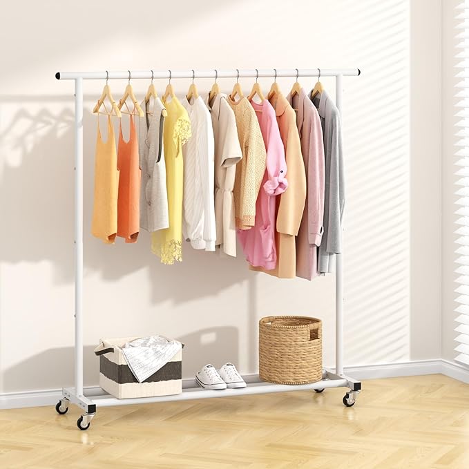 Buzowruil Metal Rolling Clothing Rack Adjustable Freestanding Garment Organizer with Wheels, Space-Saving Design for Home, Closet, Office, or Retail, White