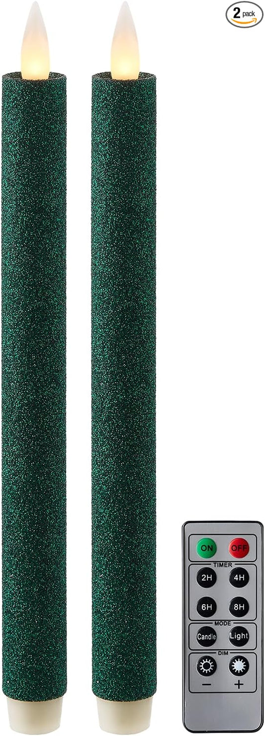 Flameless Taper Candles Flickering with Remote and Timer, 3D Moving Flame Taper Candle Battery Operated to 400 Hours, 9 Inch Window Candles, (Glitter Green)