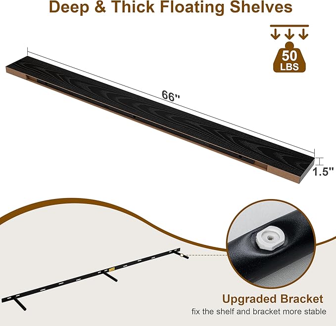 Fun Memories 66 Inch Fireplace Mantel - Long Floating Shelf, Wall Mounted Farmhouse Display with Invisible Heavy Duty Metal Bracket, Black, 2 Pack