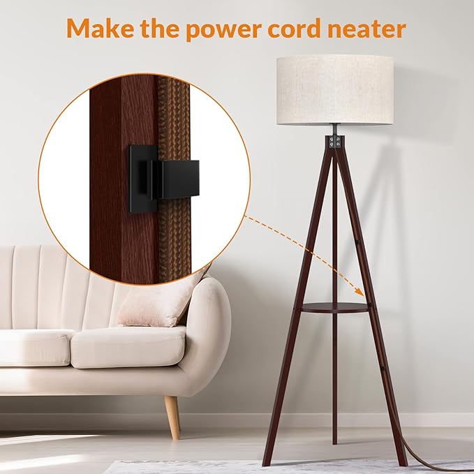 LEPOWER Tripod Floor Lamp, Mid Century Wood Standing Lamp, Modern Design Shelf Floor Lamp for Living Room, Bedroom, Office, Flaxen Linen Shade with E26 Lamp Base Walnut