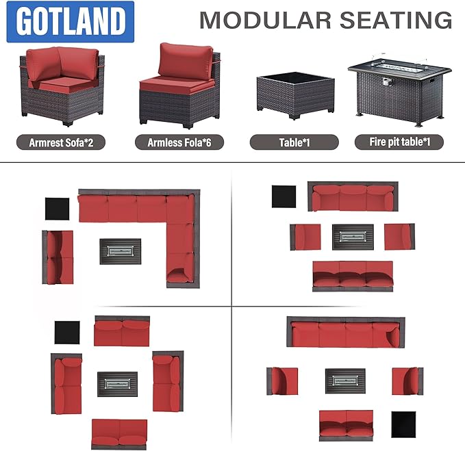 Gotland 10 Pieces Patio Furniture Set with Fire Pit Table, All Weather Rattan Outdoor Furniture with 29.5'' High Backrest 4’’ Thick Cushions Coffee Table, Outdoor Sofa for Deck, Garden, Backyard, Red