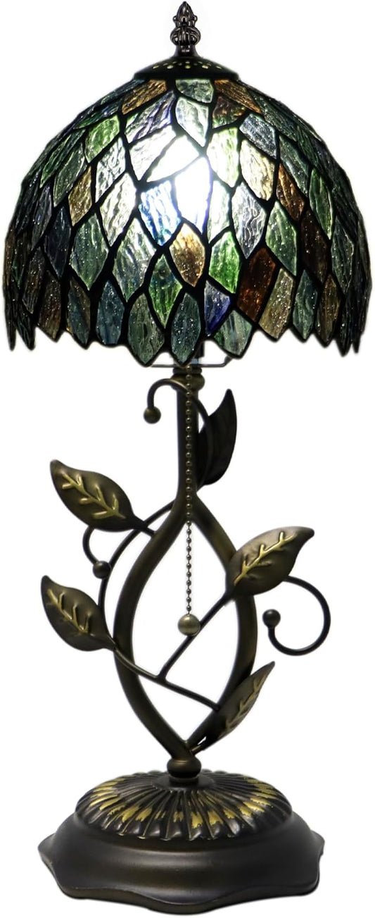 Small Tiffany Lamp Multicolor Leafage Style Stained Glass Table Lamps Desk Bedside Reading Light 8X8X18 Inches with Bronze Metal Leaf Resin Base