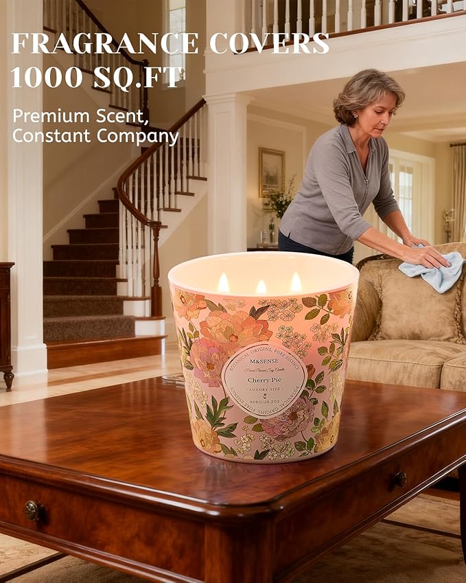 M&SENSE Cherry Pie Scented Candle, 28.2oz 3 Wick Natural Soy Wax Large Candles, Long Lasting Clean Slow Burning No Toxic Décor for Home Relaxation, Romantic Dates & Gift-Giving