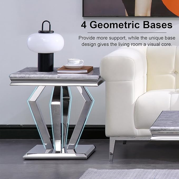 2 Piece Living Room Table Set, Luxury Coffee Table Set with Gray Top & Silver Diamond-Shaped Stainless Steel Frame, 1 Coffee Table + 1 End Table for Home Office