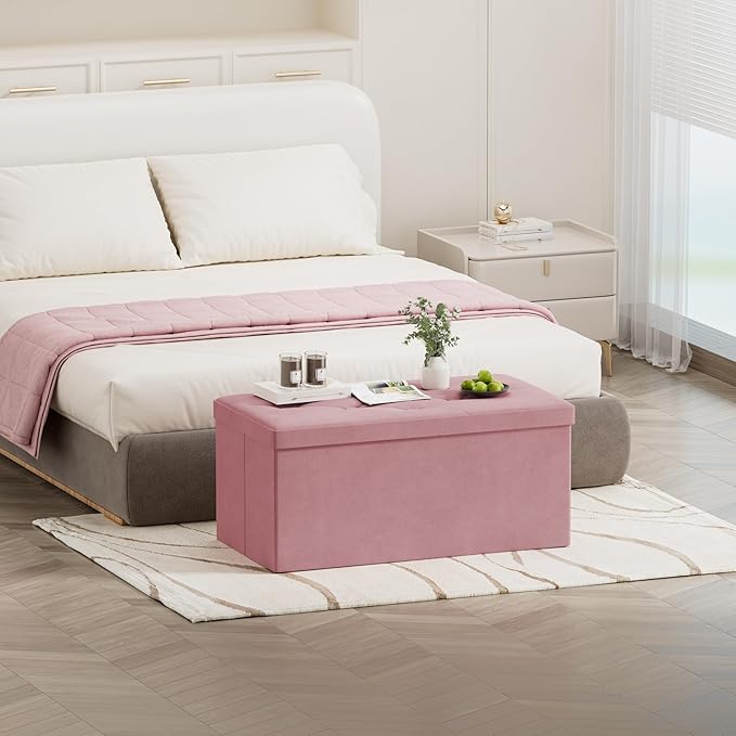 BRIAN & DANY Folding Storage Ottoman Bench, Ottoman with Storage, Foot Rest, Benches Seat for Bedroom, Living Room, Entryway, Long Shoes Bench, 15.7" x 31.5" x 15.7" Hot Pink