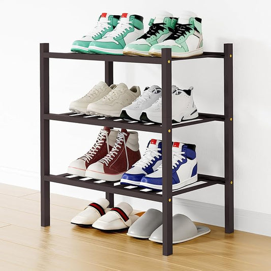 Smiry Shoe Rack, 3 Tier Small Bamboo Shoe Organizer, Stackable Free Standing Wooden Shoe Storage Shelf for Closet, Entryway, Front Door Entrance, Brown
