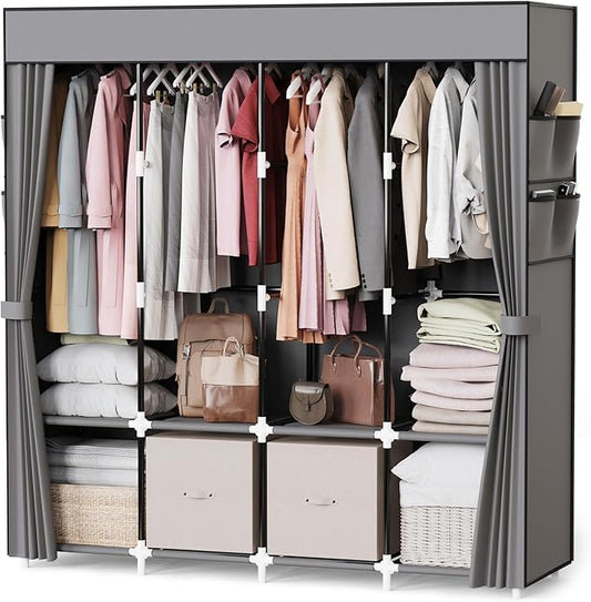 Mavivegue Portable Closet Wardrobe, Clothes Organizer with 4 Hanging Rods, Non-Woven Fabric Cover, Large Capacity Storage for Bedroom and Living Room,Gray, 67" W x 17" D x 67" H