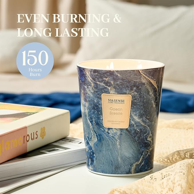 M&SENSE Extra Large Candle 35oz 150H Ocean Breeze Scented Candle, 3 Wick Highly Scented Jar Candle, XL Candles Gift for Stress Relief, Meditation, Yoga