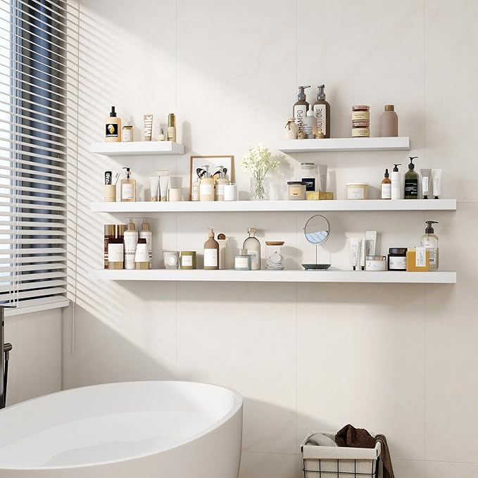 Fun Memories 66 Inch Fireplace Mantel Shelf with Invisible Bracket, 8 Inch Deep Floating Shelf for Living Room, Kitchen, Farmhouse, White (2-Pack)