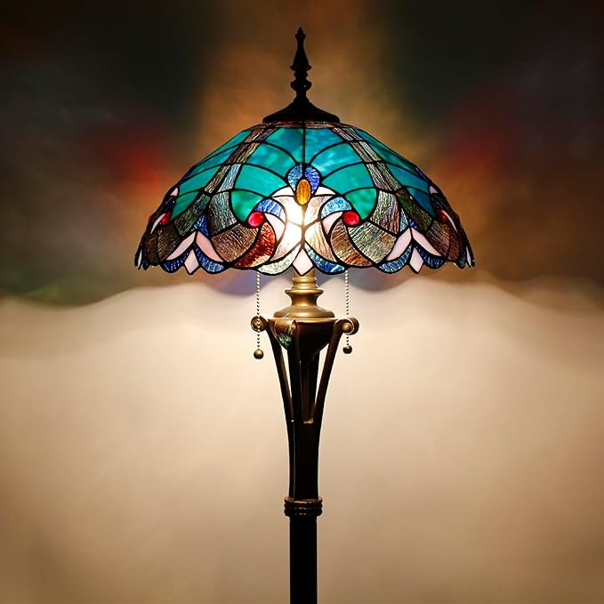 Tiffany Floor Lamp Green Liaison Stained Glass Standing Reading Light 16X16X70 Inches Antique Pole Corner Lamp Decor Bedroom Office Living Room