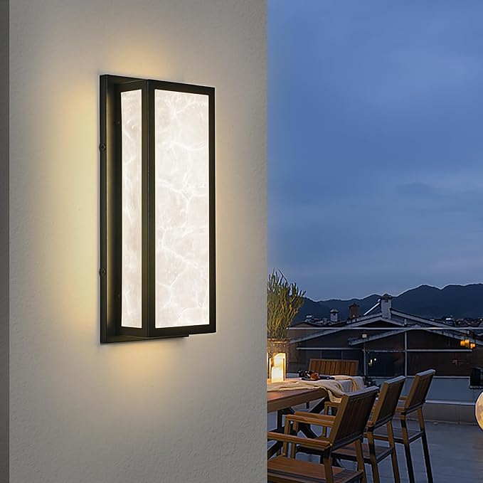 Outdoor Wall Light LED 20W 16.9in Rectangle - Black Modern Exterior Lighting Fixture with Resin Shade,IP65 Waterproof Porch Sconce Brightens to Garage,Front Door,Patio