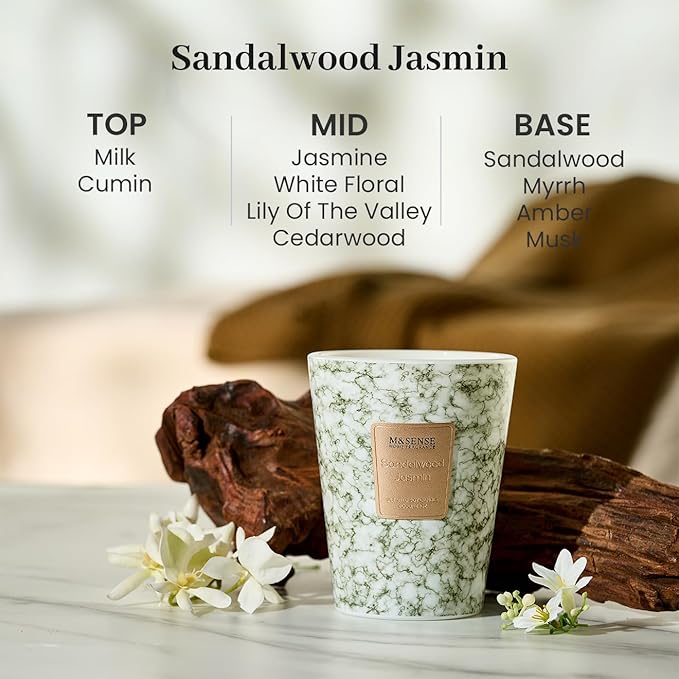 M&SENSE Sandalwood Jasmin Scented Soy Candle, 3 Wick Highly Scented 14.1 Oz 80H, Aromatherapy Christmas Gift for Women and Men