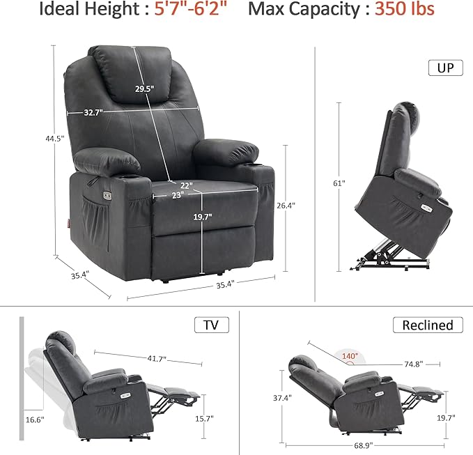 MCombo Large Power Lift Recliner Chair for Elderly, Lift Chair with Heat and Massage for Tall People, Extended Footrest, USB & Type C Ports, Cup Holders, Faux Leather 7516 (Large, Grey)