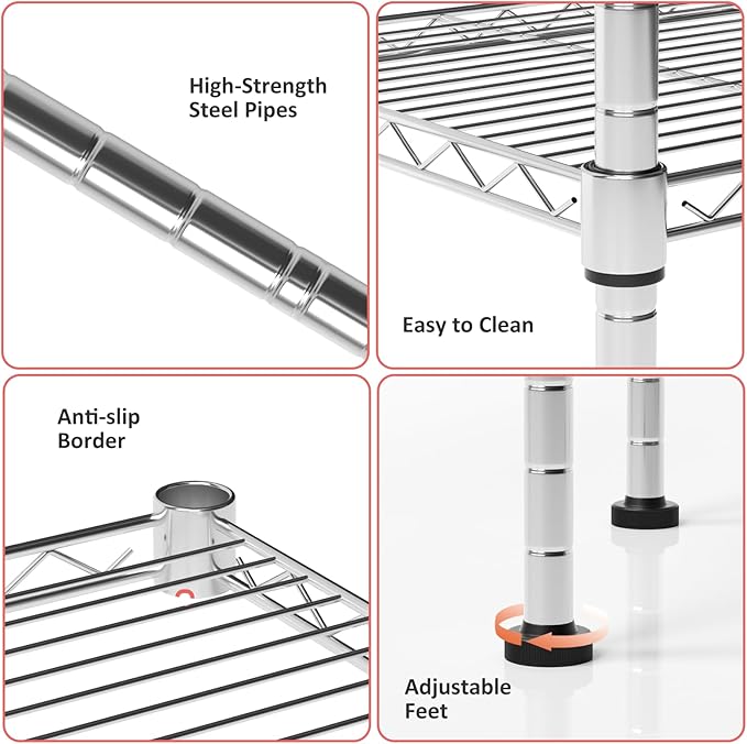 4 Tier Shelving Unit, 176 LBS Per Shelf Height Adjustable Narrow Storage Shelves, Heavy Duty Metal Garage Metal Shelves for Kitchen, Restaurant, Pantry, Laundry, Chrome