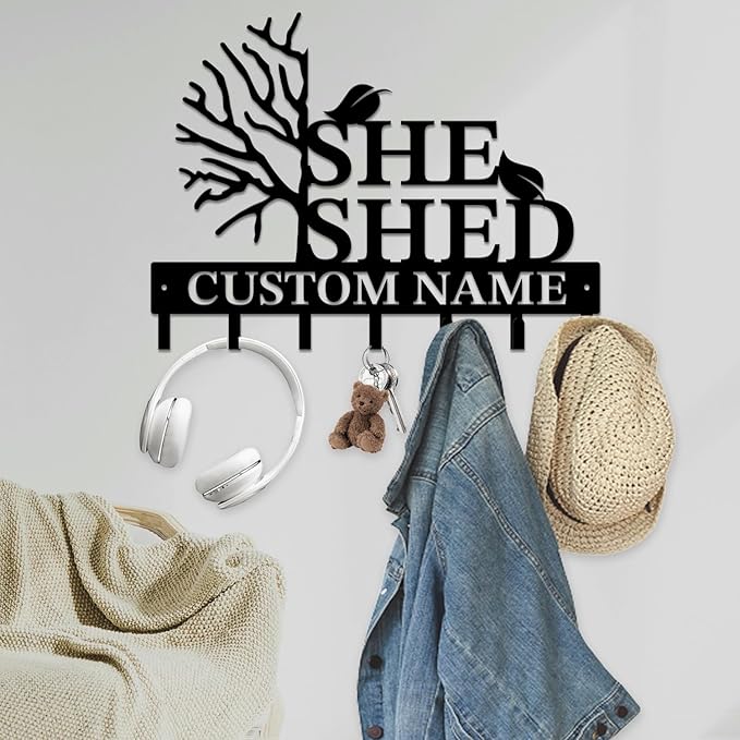 Personalized She Shed Keys Hooks,Custom Name Metal She Shed Art Keys Hooks,Metal She Shed Lover Wall Home Storage Decorative Keys Hooks,Key Holder Hooks for Wall (Style F)