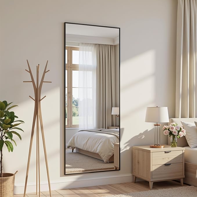 Full Length Mirror, 59"x18" Full Body Mirror, Floor Mirrors with Stand, Body Mirrors Standing Hanging Leaning Against Wall,Aluminum Frame Mirrors for Bedroom Cloakroom,Living Room,Black