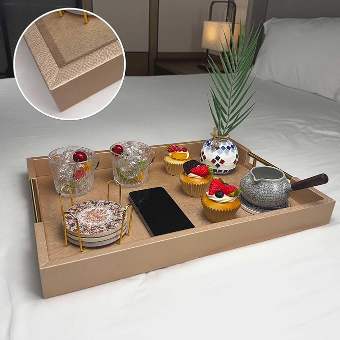 14x20 Inches Champagne Faux Leather Wrapped Wood Serving Tray with Metal Handles for Various Occasions, Ottoman, Home Decorative, Living Room, Coffee Table Organizer, Serving Breakfast On Bed