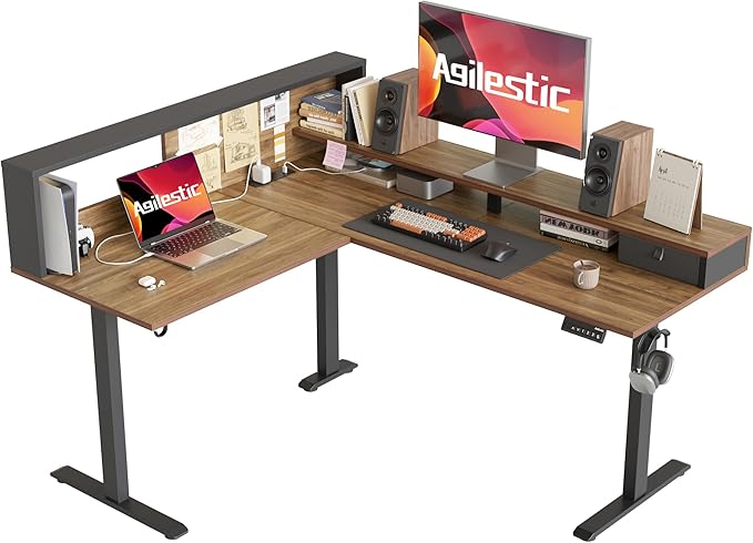 Agilestic L-Shaped Electric Standing Desk, 63x55 Inch Ergonomic Adjustable Height Desk with Storage, Stand Up Corner Desk Sit Stand Computer Table Power Outlet & LED Lights, Office Table, Dark Walnut