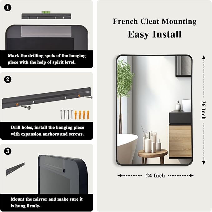 Wall Mirror 24" x 36" Black Metal Deep Frame for Bathroom, Living Room, Bedroom, Entryway - Decorative Rectangular Round Corner Mounted Vanity Mirror