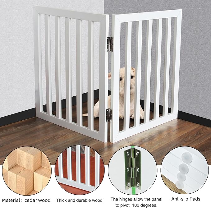 ZJSF Freestanding Indoor Dog Gate for House Foldable Wood White Puppy Gate for Doorways Pet Gate for Stairs Extra Wide Pet Fence 24" Height 2 Panels