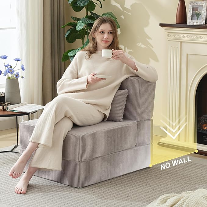 Folding Sofa Bed,Convertible Fold Out Couch,Portable Foldable Floor Mattress Sleeper Chair with Pillow,Adjustable Backrest Support,Lazy Sofa for Living Room,Single,Light Grey