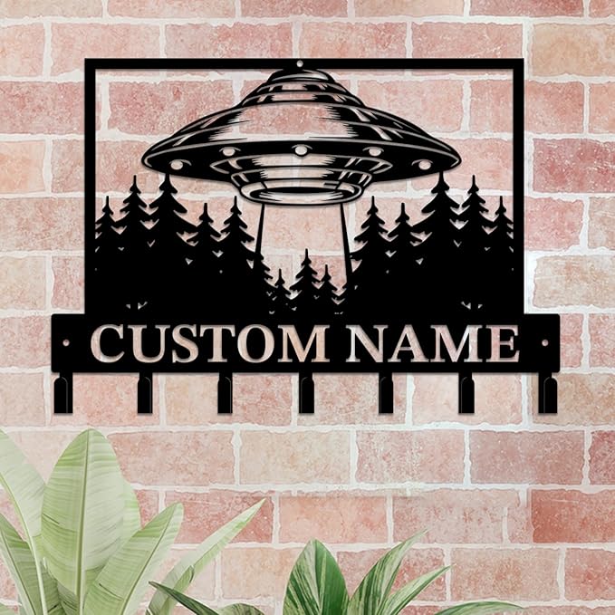 Personalized Custom Alien UFO Metal Wall Keys Hooks,Clothes Hooks Alien ET Art Coat Racks,Door Holder,Black Alien UFO Decorations for Home,Entrance Doors,Hallway, Bedroom,Keys,Hats (Style G)