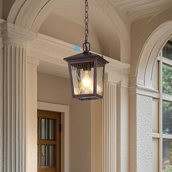 Outdoor Pendant Light, Brown Outdoor Porch Light fixtures with Dusk to Dawn Sensor, Coffee Exterior Hanging Lantern Height Adjustable Outside Chandelier with Water Glass for House Patio Garage