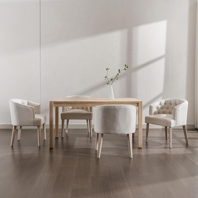 HEAH-YO Modern Dining Chairs Set of 4, Tufted Dining Room Chairs with Barrel Backrests, Upholstered Linen Kitchen Chair for Dining Room, White