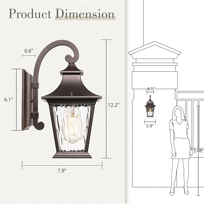 Emliviar 2 Pack Outdoor Wall Lights, Exterior Wall Lantern Sconce for Garage Patio, Oil Rubbed Bronze Finish with Water Ripple Glass, XE219B-2PK ORB