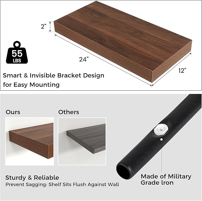 Floating Shelves for Wall, 24 Inch Wide x 12 Inch Deep Floating Shelves, Long Wood Floating Wall Shelf Shelves for Living Room Bathroom Bedroom Kitchen Home - (Walnut, 24" W x 12" D x 2" H)